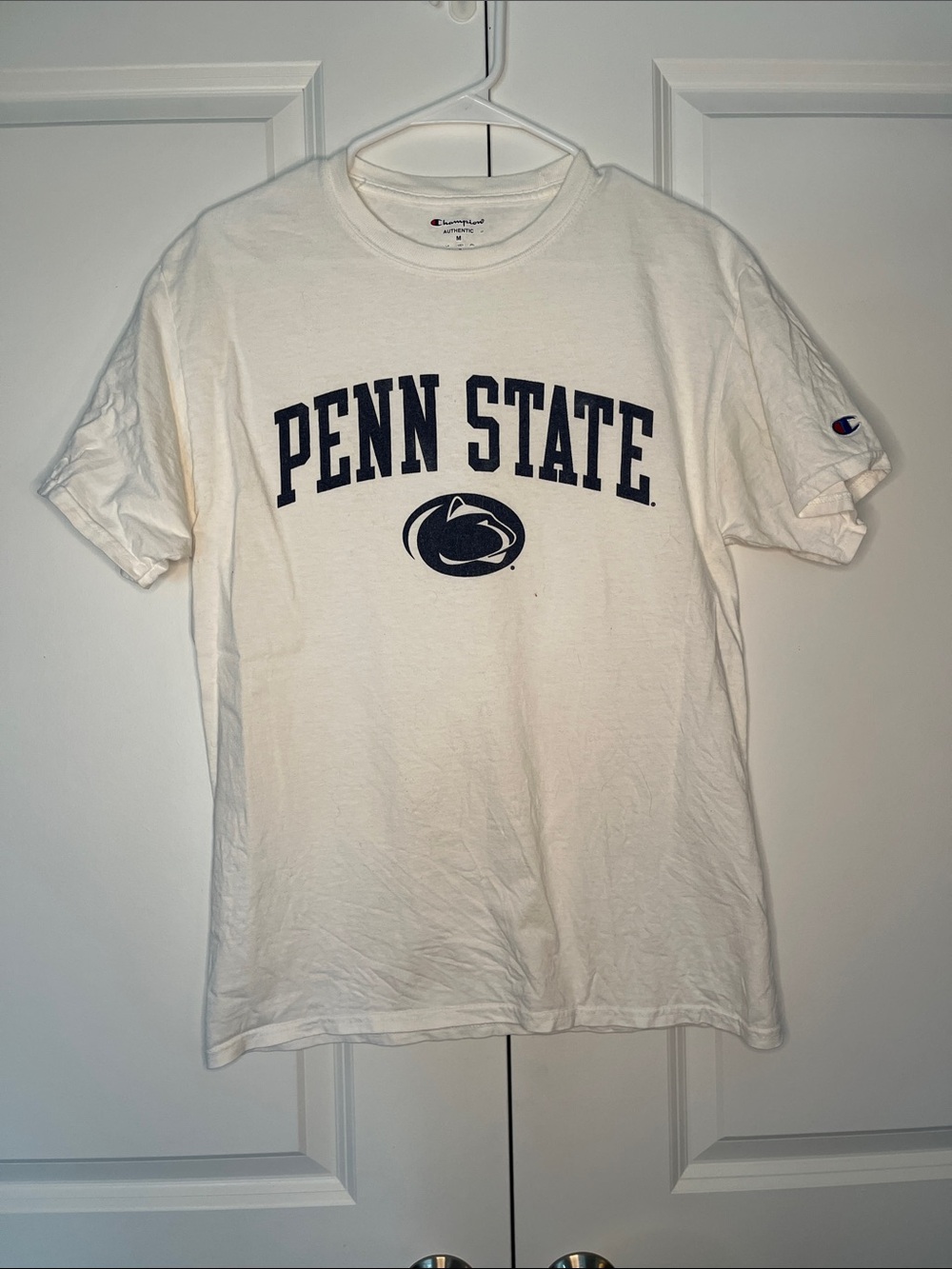 Champion White Penn State Graphic Tee with Navy Logo